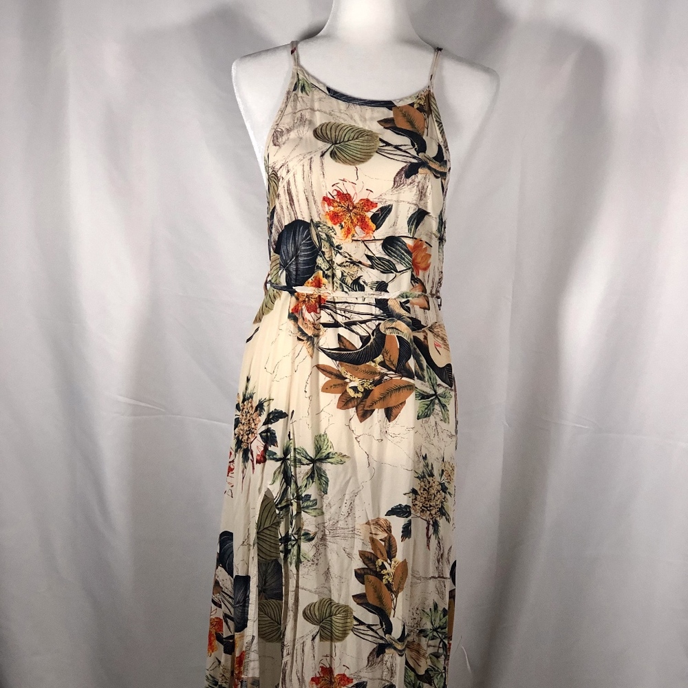Botanical Print Maxi Dress with Tie and Side Slit